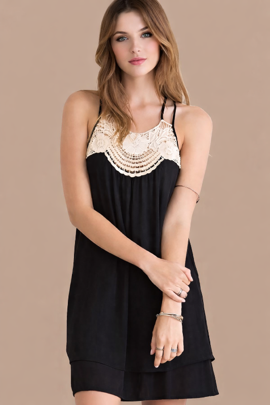 Entro Lace Panel Strappy Back Mini Dress - Black