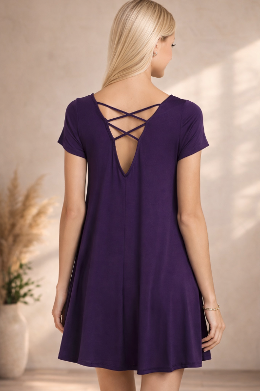 Keep It Simple Cross Back Dress - Eggplant Purple