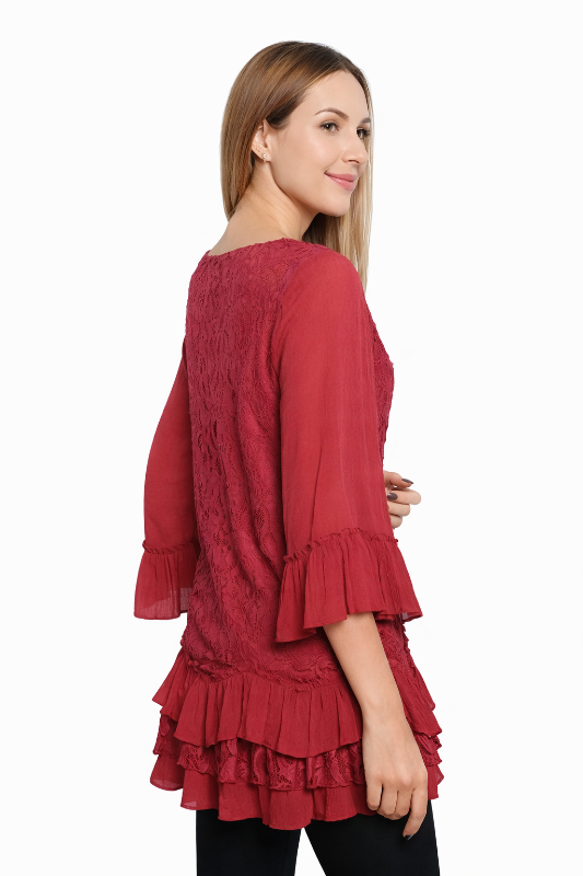 Lace Tunic Layer Ruffle Tiered Hem - Crimson Red