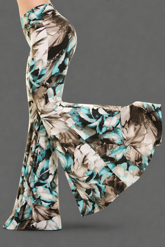 Uptown Tall Wide Bell Bottom Floral Palazzo - Brown Blue