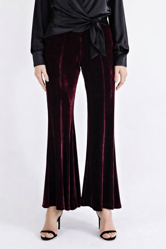 Easel Velvet Bell Bottom Flare Pants - Wine