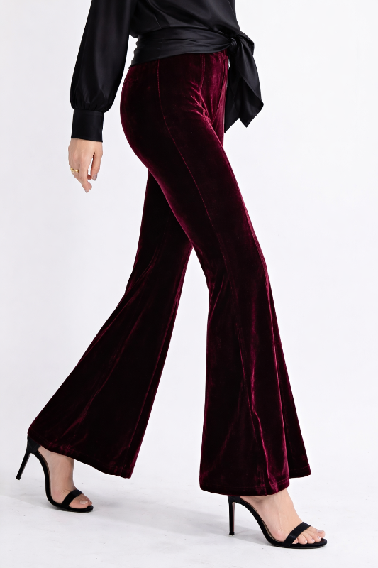 Easel Velvet Bell Bottom Flare Pants - Wine
