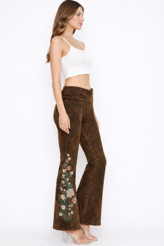 Dexterous Mineral Wash Stamped Floral Yoga Bootcut Bell Pants - Brown