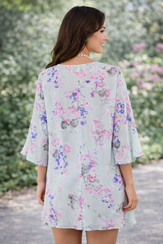 Peach Love Blossoms Floral Bell Sleeve Kimono - Mint