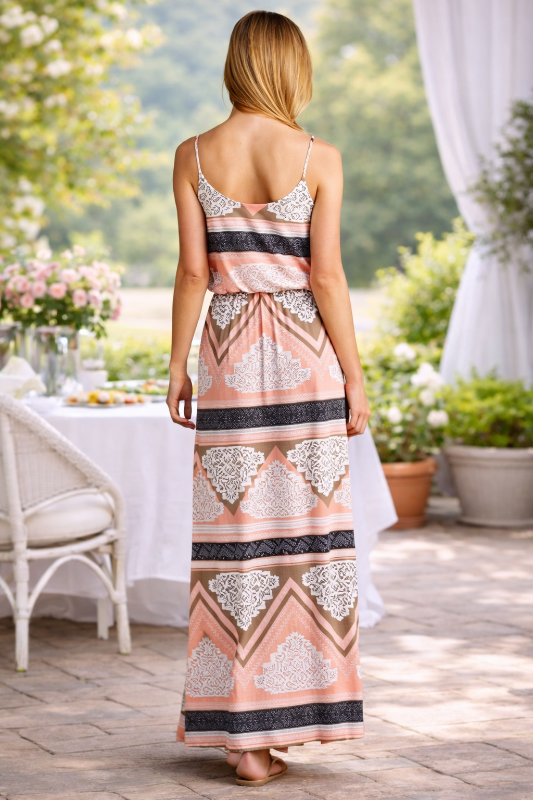 Boho Ethnic Print Strappy Maxi Dress – Pink Cocoa Multi