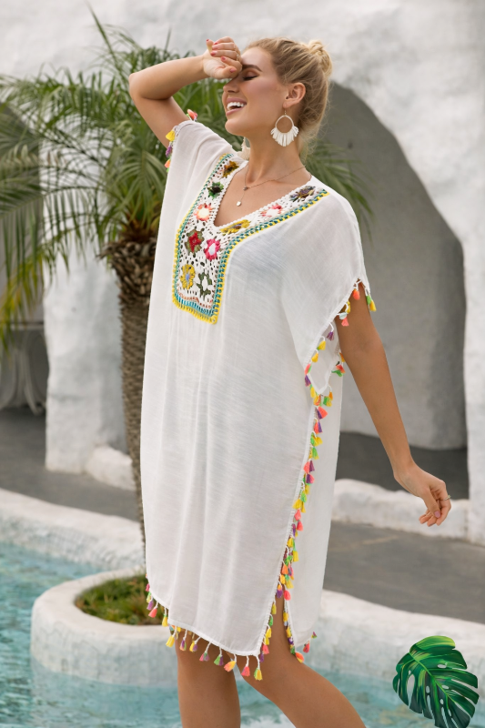 Swim Coverup Tassels and Crochet Accented - Soft White