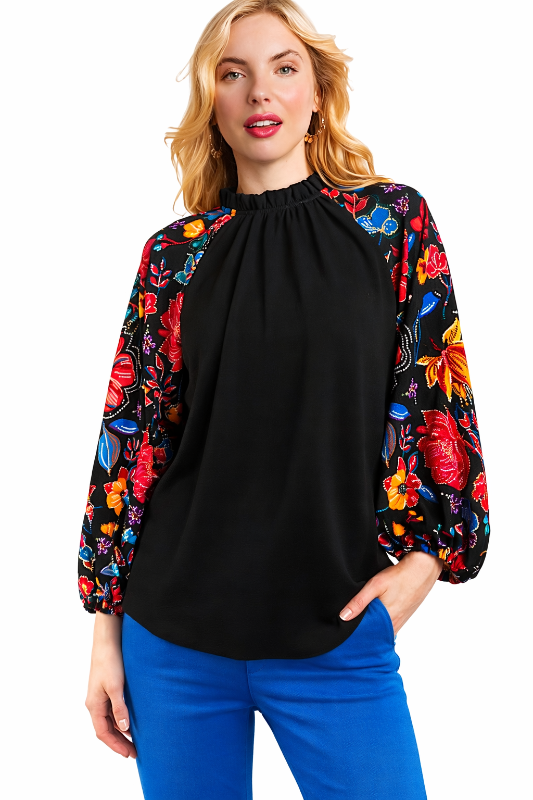 Frilly Mock Neck Top Floral Sequin Print - Black