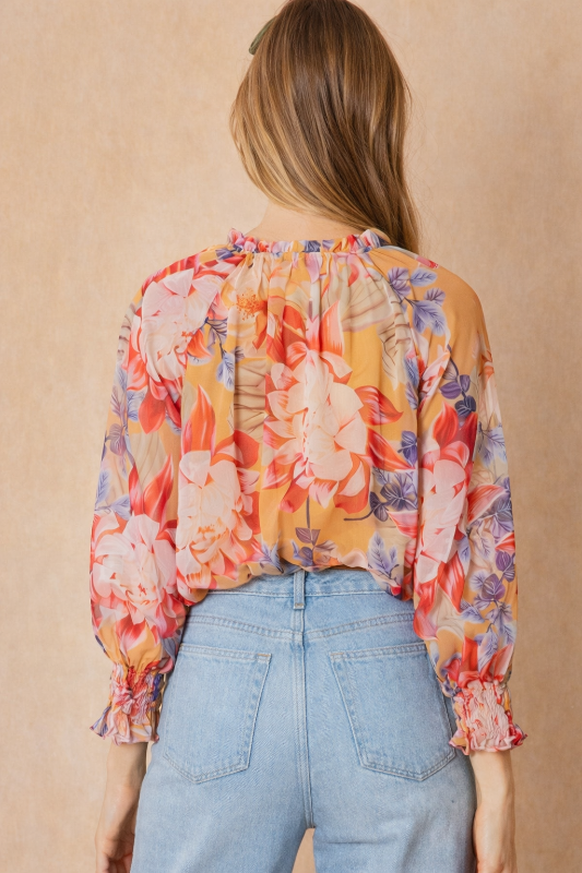 Peach Multi Floral Smocked Boho Blouse