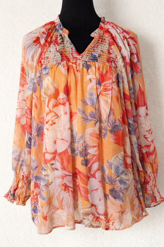 Peach Multi Floral Smocked Boho Blouse