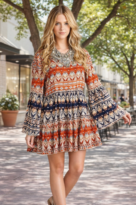 Velzera Boho Tunic Dress - Blue/Red