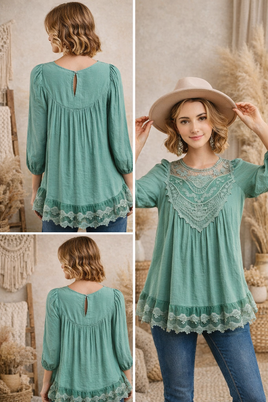 Entro Crochet Babydoll Blouse - Sage