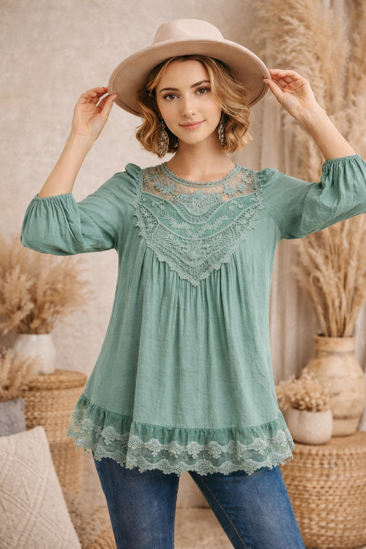 Entro Crochet Babydoll Blouse - Sage