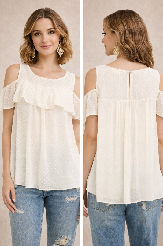 Entro Natural Swiss Dot Cold Shoulder Ruffle Blouse