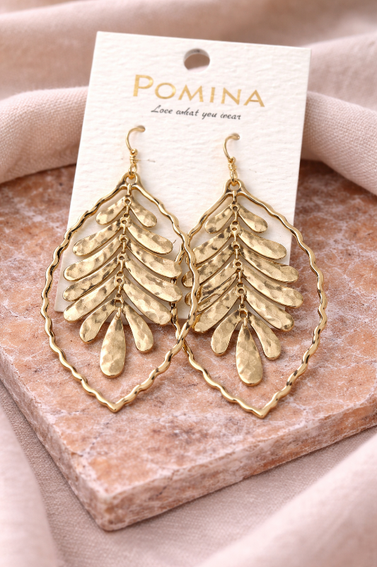 Gold Dangle Hammered Nature Leaf Earrings