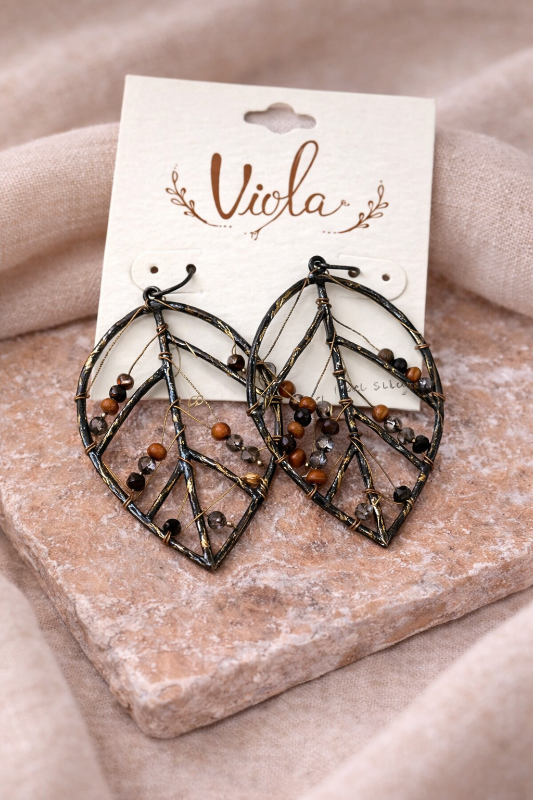 Dark Patina Leaf Wire & Bead Earrings – Hammered Finish