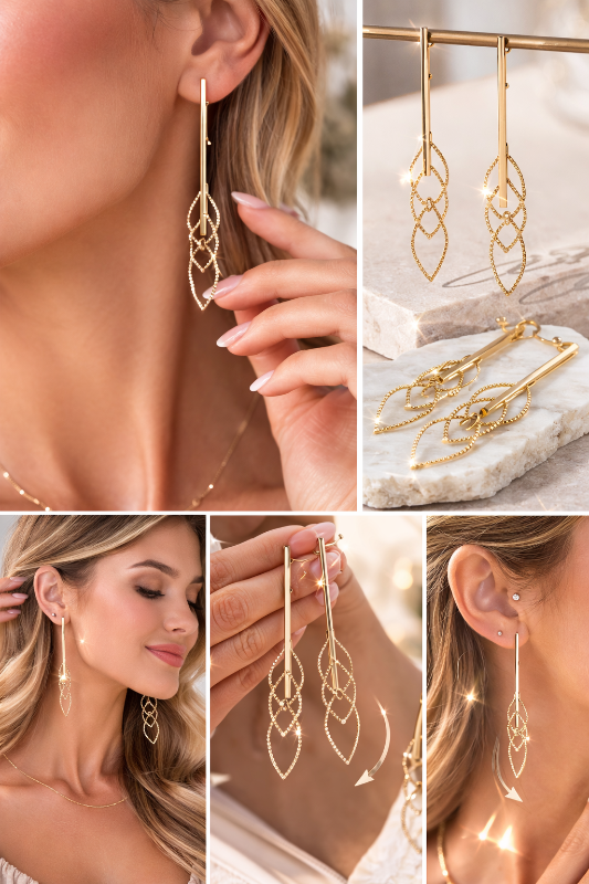 Gold Dipped Brass Leaf Dangle Earrings – 2.5" Sparkle Drop