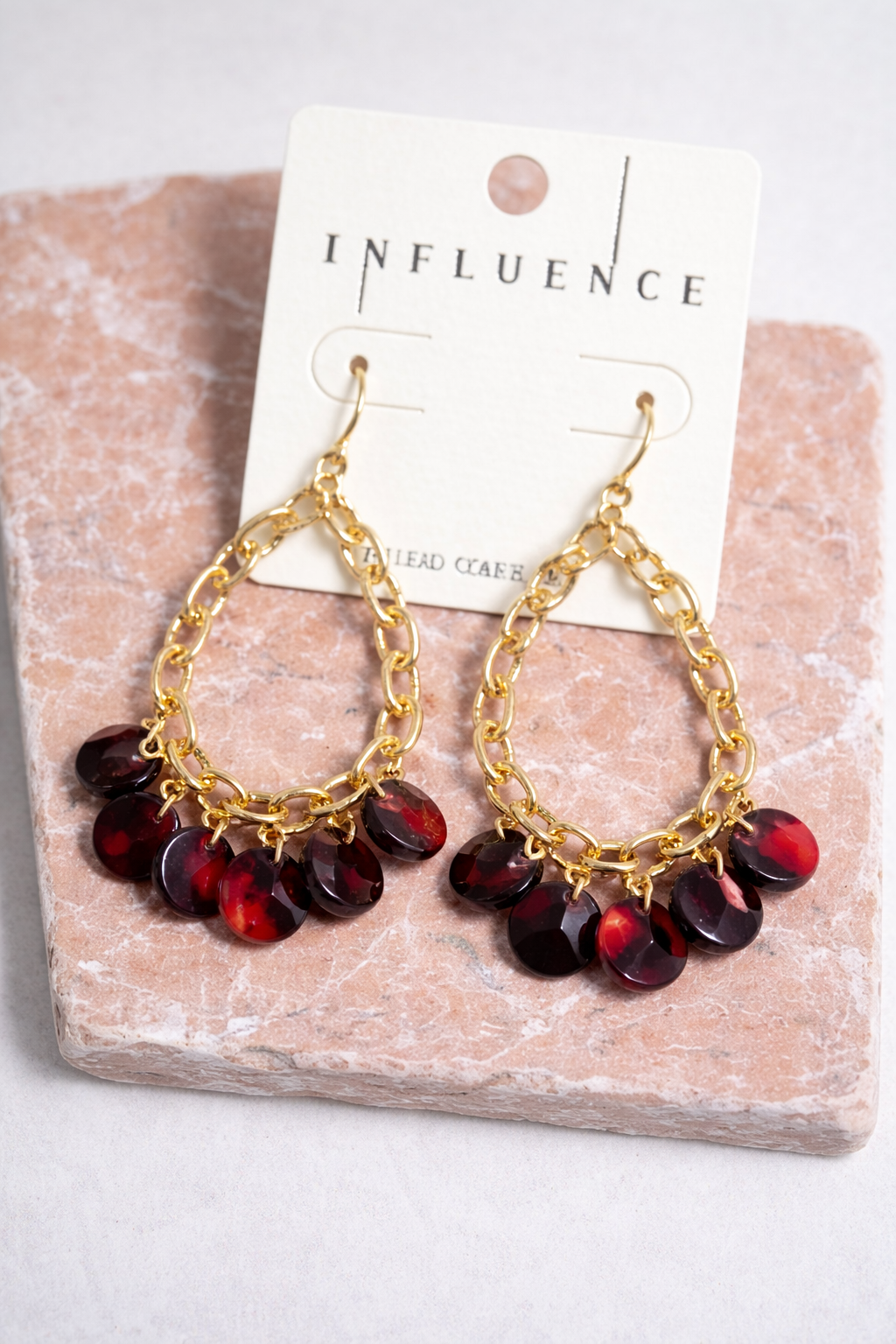 Teardrop Burgundy Tiger's Eye Tassels Earrings - Gold Chain