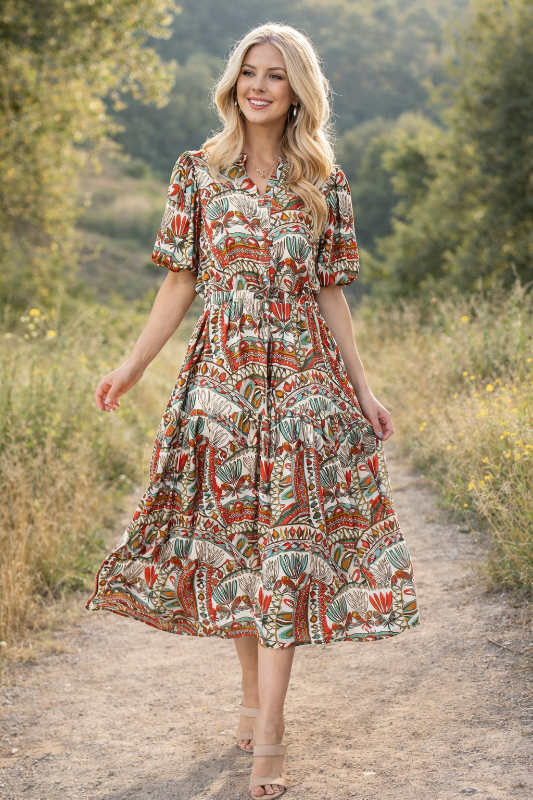 Gigio Bubble Sleeve Midi Dress with Waist Tie - White Multi