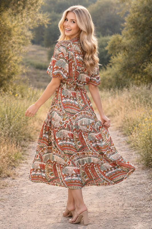 Gigio Bubble Sleeve Midi Dress with Waist Tie - White Multi