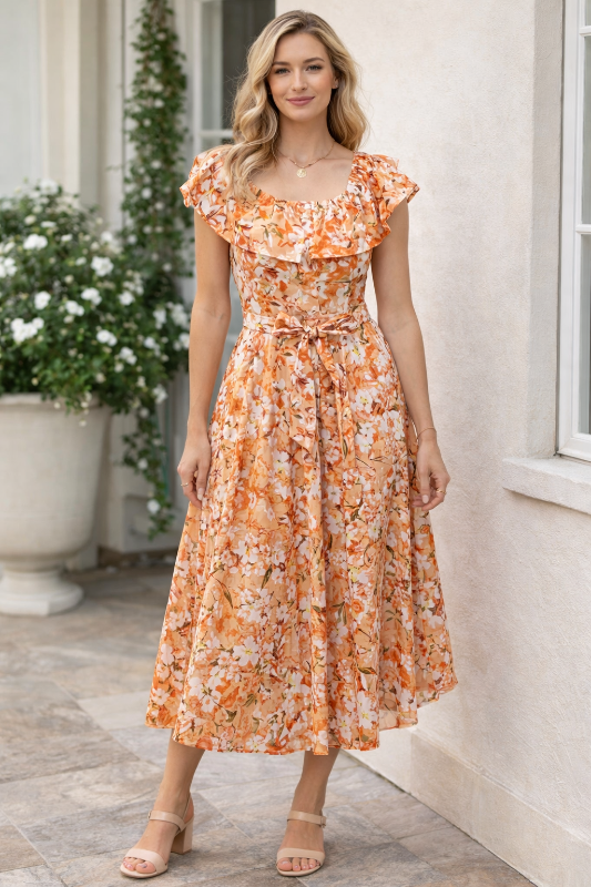 Entro Floral Midi Ruffle Collar Dress - Multi Orange