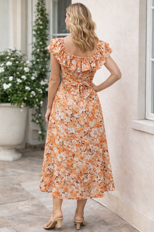 Entro Floral Midi Ruffle Collar Dress - Multi Orange