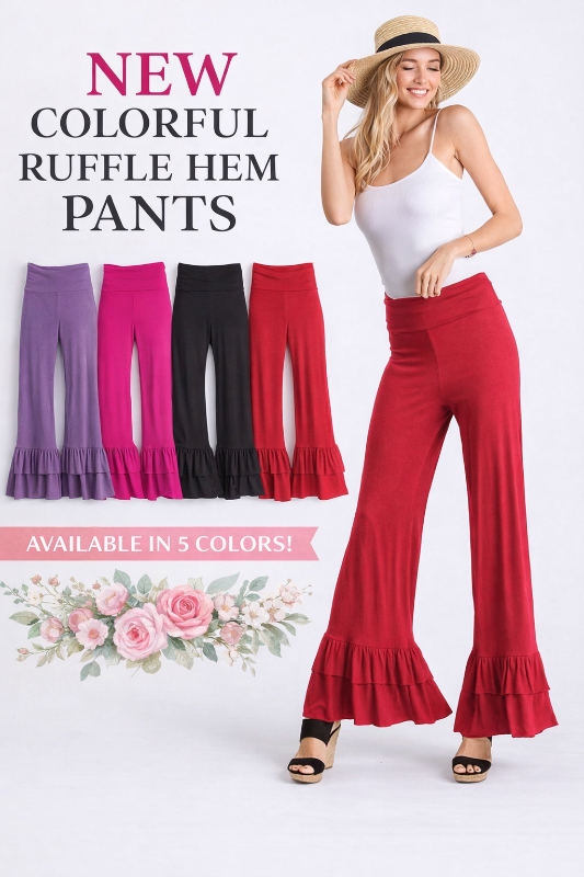 Double Ruffle Hem Soft Stretch Foldover Pants - Multiple Colors