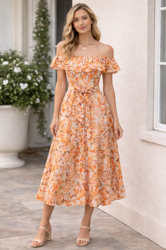 Entro Floral Midi Ruffle Collar Dress - Multi Orange