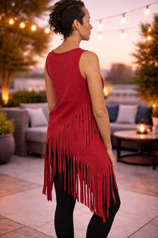 Fringe Asymmetrical Suede Tunic – Red Boho Statement Top