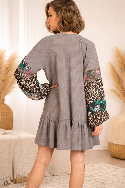 Umgee Mocha Grey Babydoll Mini Dress with Leopard & Floral Sleeves