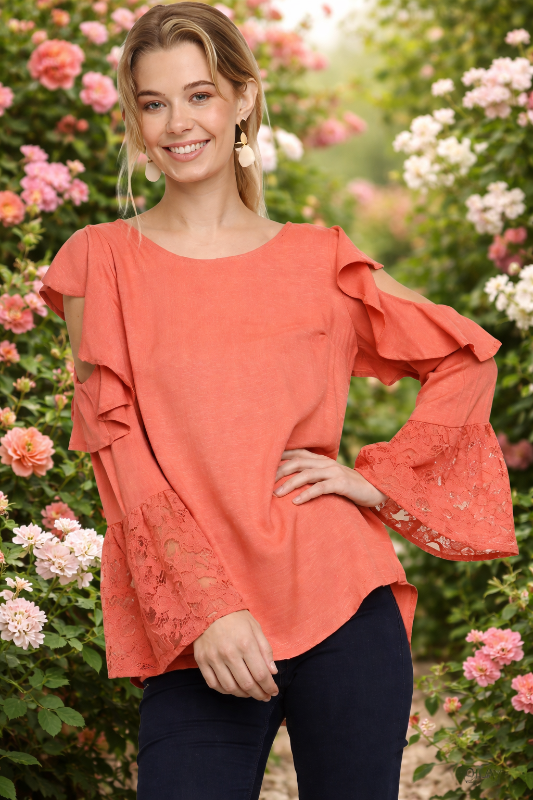 Ruffle Cold Shoulder Blouse - Clay