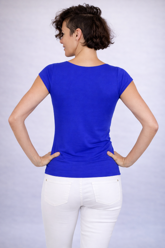 Cowl Fitted Shirred Stretchy Top - Royal Blue