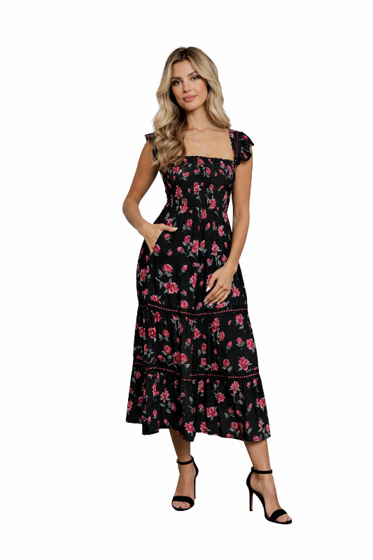 Angie Roses Print Midi Dress - Black