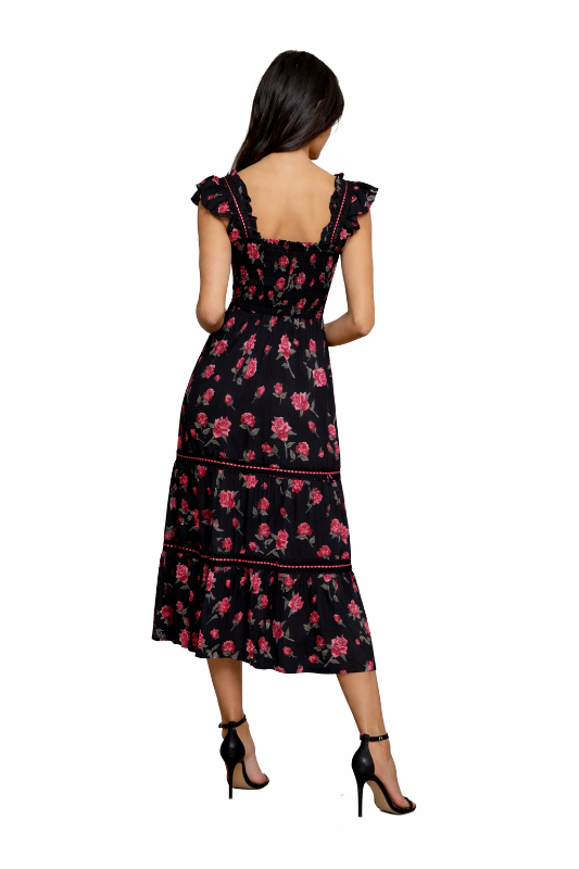 Angie Roses Print Midi Dress - Black