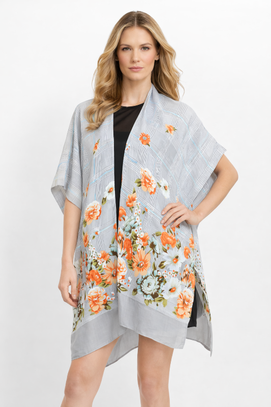 Flower Print Houndstooth Kimono - Gray Orange