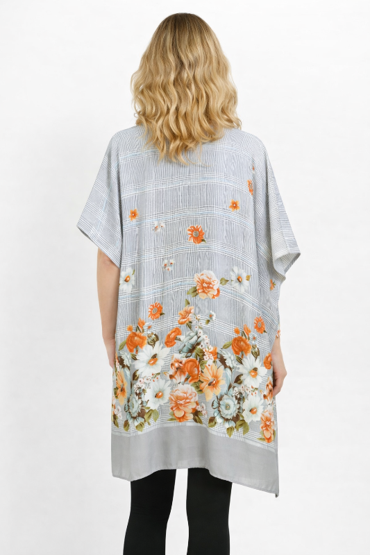 Flower Print Houndstooth Kimono - Gray Orange