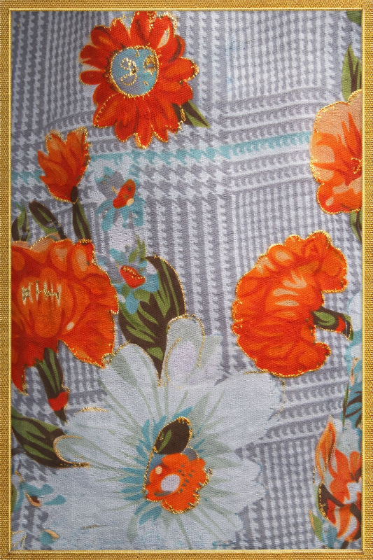 Flower Print Houndstooth Kimono - Gray Orange