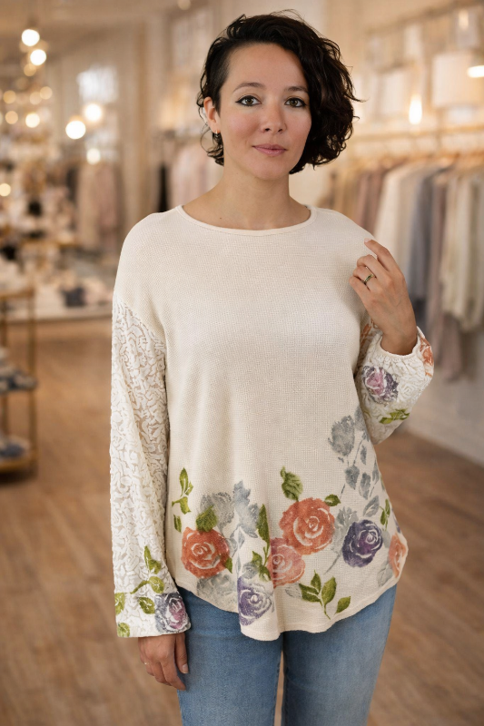 T-Party Artsy Lace Thermal Top - Beige /Dusty Rose