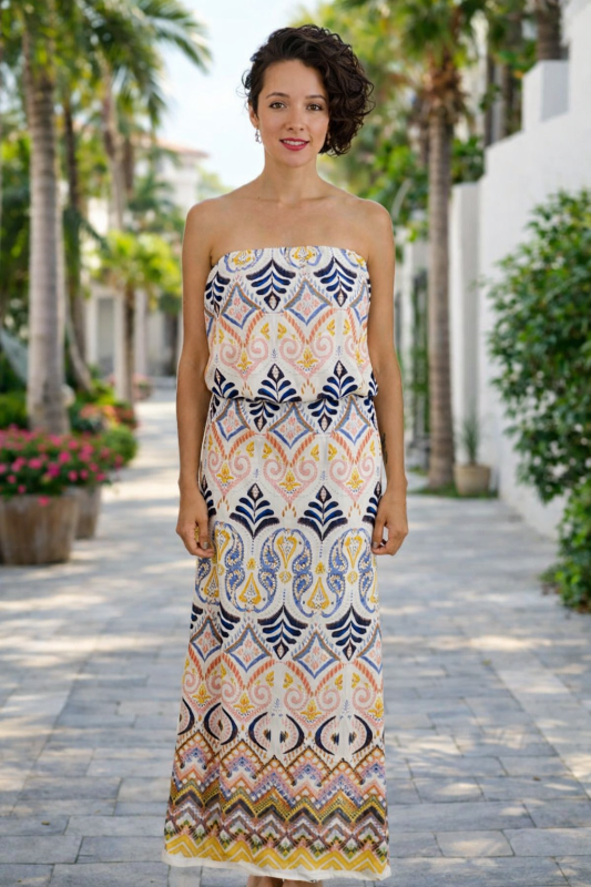 Ces Femme Print Strapless Dress - Mustard Navy