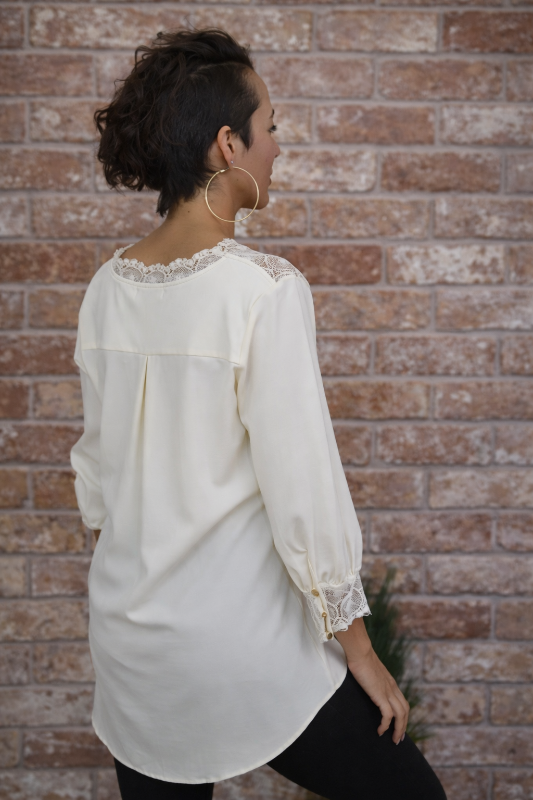 Urban Mangoz Lace Accent Hi Low Blouse Elegant Vintage Style Top