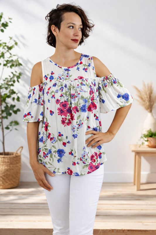 White Floral Cold Shoulder Boho Blouse with Ruffle Sleeves