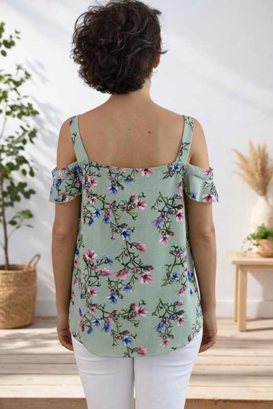 Sage Green Floral Cold Shoulder Boho Blouse with Ruffle Sleeves