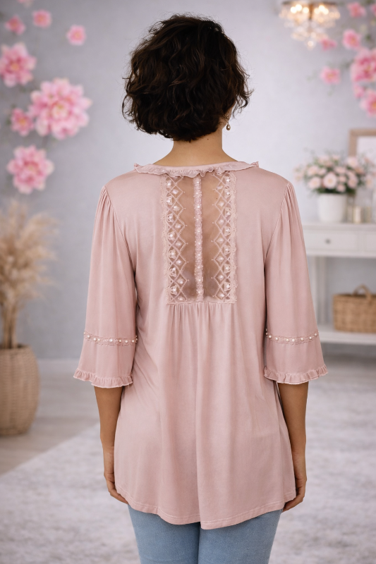 Ruffles & Pearls Mesh Back Blouse – Dusty Rose