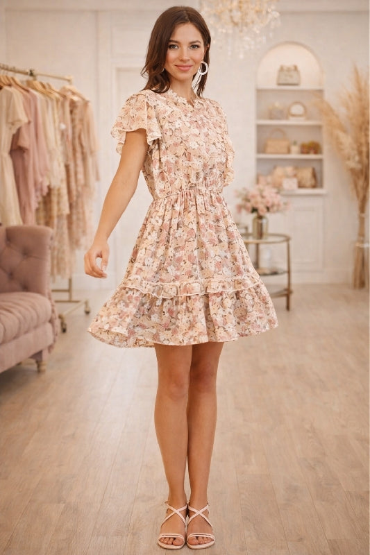 Gigio Chiffon Print Fit N Flare Ruffles Dress - Mauve