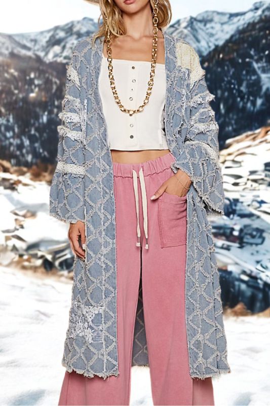 POL Textured Denim Patchwork Duster Cardigan