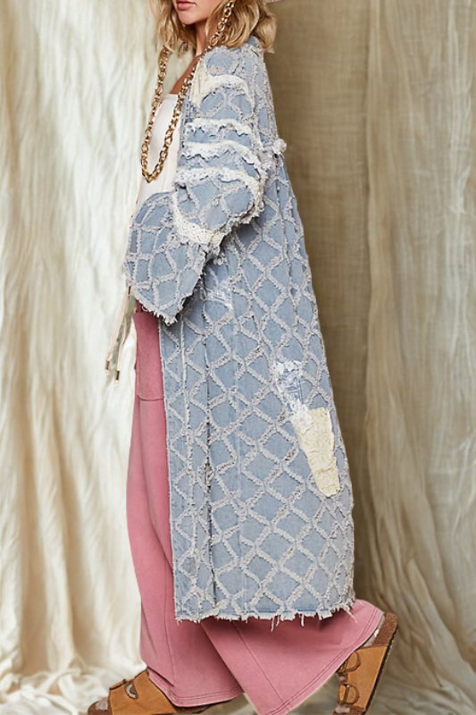 POL Textured Denim Patchwork Duster Cardigan