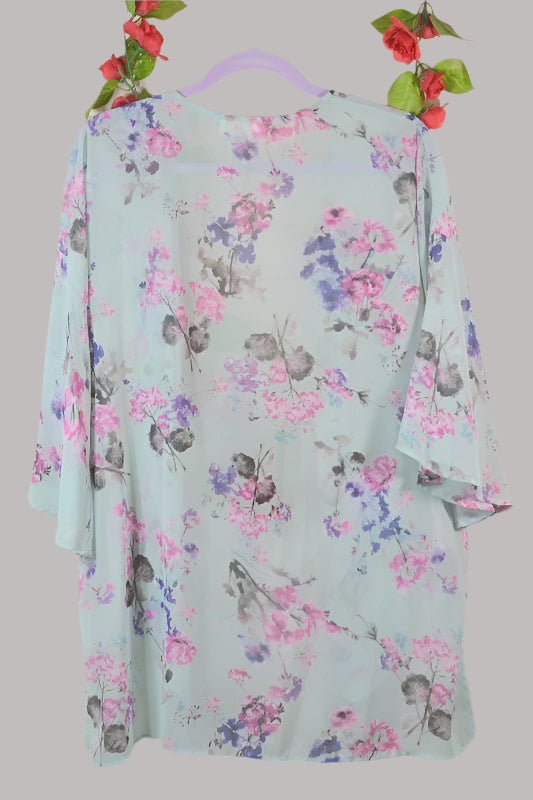 Peach Love Blossoms Floral Bell Sleeve Kimono - Mint