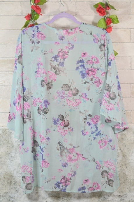 Peach Love Floral Bell Sleeve Kimono - Mint
