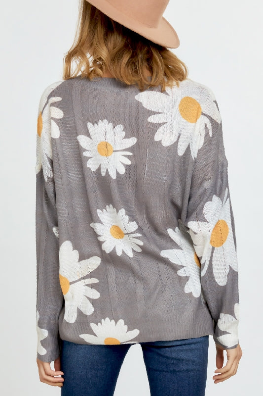 Davi & Dani Daisy Flower Sweater - Lt Gray Charcoal