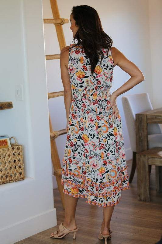 Boho Floral Print Print Hi Lo Midi Dress - Ivory
