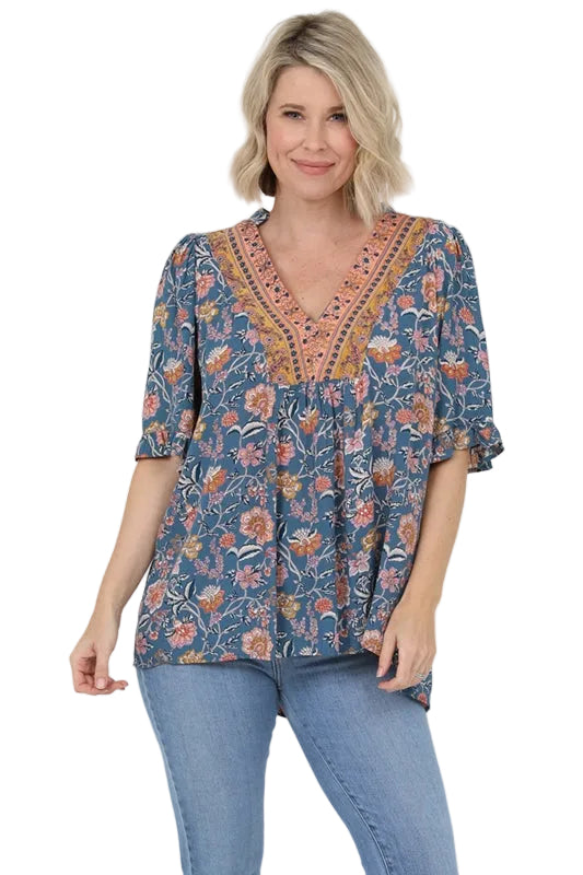 Boho Print & Border Trim Tunic Blouse - Blue